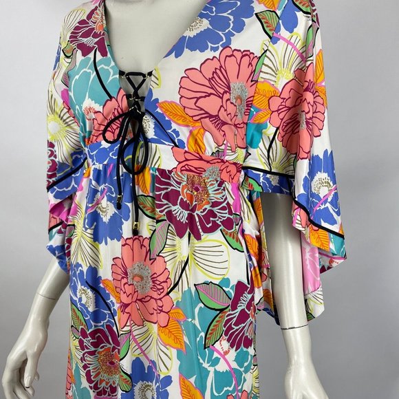 Trina Turk Floral Tunic Swimsuit Cover Up Stretch 3/4 Sleeve Lace‎ Up V-neck - Picture 6 of 9